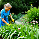 Natural Pest Control in Action**

A vibrant garden scene with a gardener (fully clothed, appropriate attire) tending to plants. Interspersed among the vegetables are garlic and onion plants. A woman is spraying plants with a solution from a spray bottle. Ladybugs and other beneficial insects are visible on the plants. Include a small insect house in the background. "Safe for work," "appropriate content," "fully clothed," "professional photography," "perfect anatomy," "natural proportions," "family-friendly," "eco-friendly garden," "organic gardening."

**