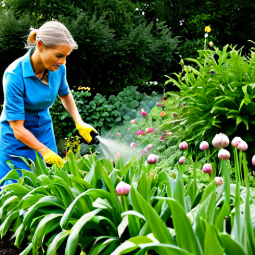 Natural Pest Control in Action**

A vibrant garden scene with a gardener (fully clothed, appropriate attire) tending to plants. Interspersed among the vegetables are garlic and onion plants. A woman is spraying plants with a solution from a spray bottle. Ladybugs and other beneficial insects are visible on the plants. Include a small insect house in the background. "Safe for work," "appropriate content," "fully clothed," "professional photography," "perfect anatomy," "natural proportions," "family-friendly," "eco-friendly garden," "organic gardening."

**