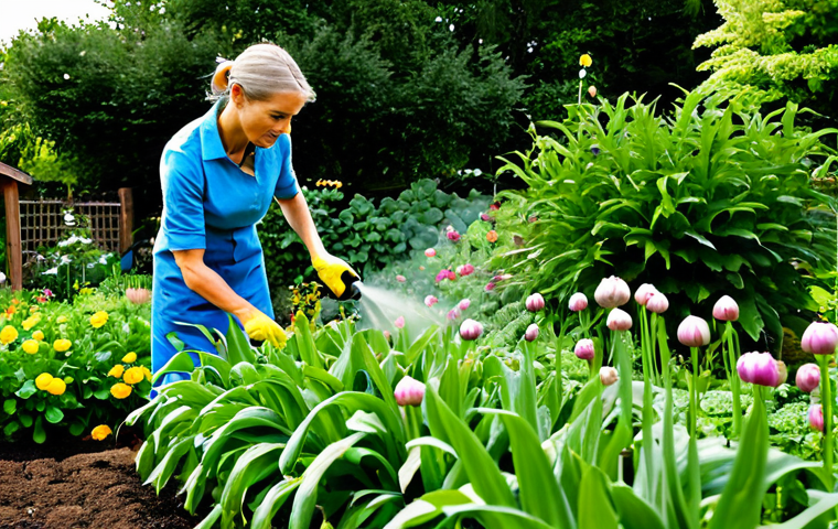 Natural Pest Control in Action**
A vibrant garden scene with a gardener (fully clothed, appropriate attire) tending to plants. Interspersed among the vegetables are garlic and onion plants. A woman is spraying plants with a solution from a spray bottle. Ladybugs and other beneficial insects are visible on the plants. Include a small insect house in the background. "Safe for work," "appropriate content," "fully clothed," "professional photography," "perfect anatomy," "natural proportions," "family-friendly," "eco-friendly garden," "organic gardening."
**