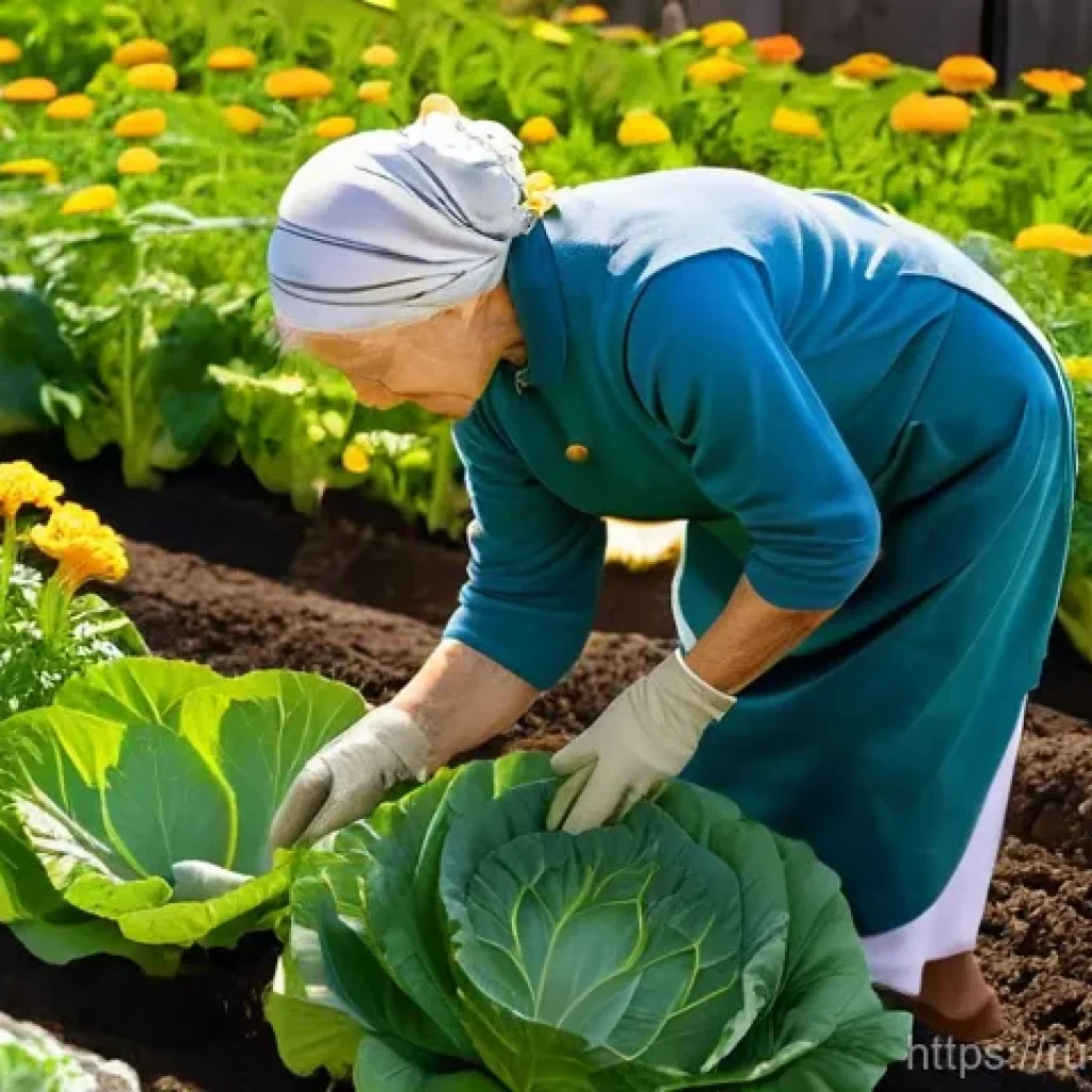 유기농 해충 관리의 접근법 다양화 - A serene and idyllic Russian organic garden at golden hour. A wise, kind-faced elderly woman, dresse...