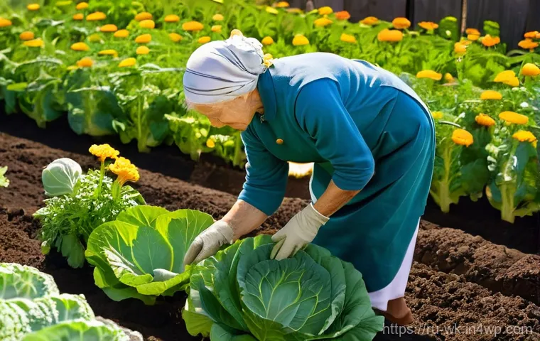 유기농 해충 관리의 접근법 다양화 - A serene and idyllic Russian organic garden at golden hour. A wise, kind-faced elderly woman, dresse...
