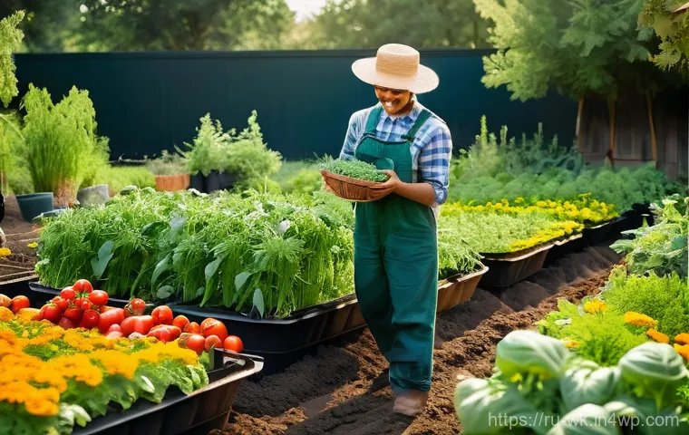 유기농 해충 방제에 대한 도전 과제 - **Prompt:** A vibrant, flourishing organic vegetable garden bathed in soft, warm afternoon sunlight....