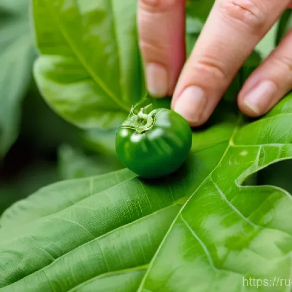 유기농 해충 관리의 효과적인 모니터링 방법 - A close-up shot of a gardener's hand, gently turning over a vibrant green leaf from a healthy garden...