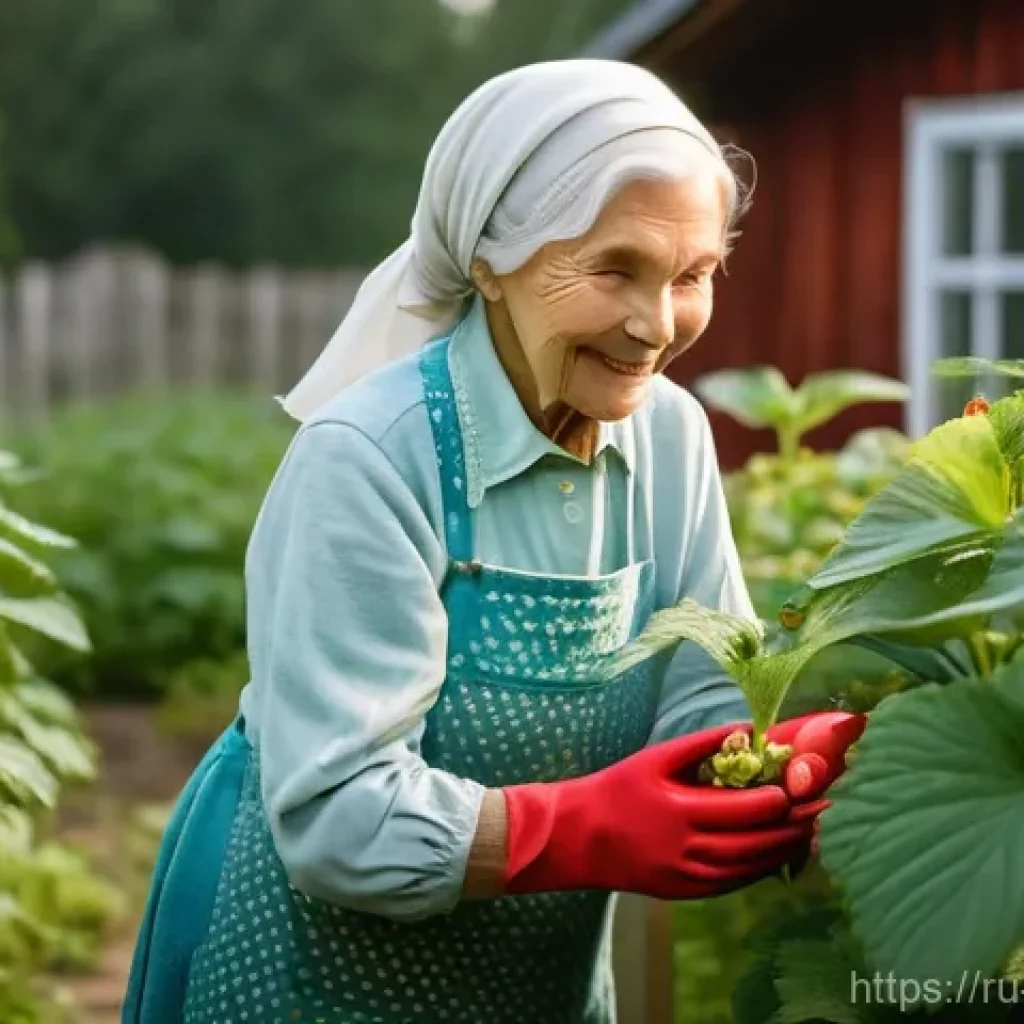 유기농 해충 방제와 지역 환경 보존 - A serene, hyperrealistic photograph of an elderly Russian woman in her lush, organic dacha garden. S...
