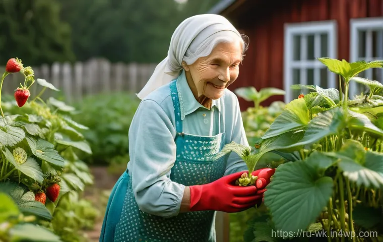 유기농 해충 방제와 지역 환경 보존 - A serene, hyperrealistic photograph of an elderly Russian woman in her lush, organic dacha garden. S...
