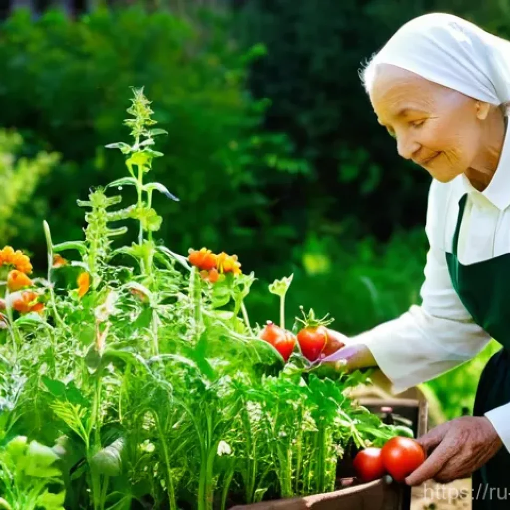유기농 해충 방제의 생태학적 이점 - **Prompt:** A serene, elderly Russian woman with kind eyes, wearing a traditional headscarf and a si...