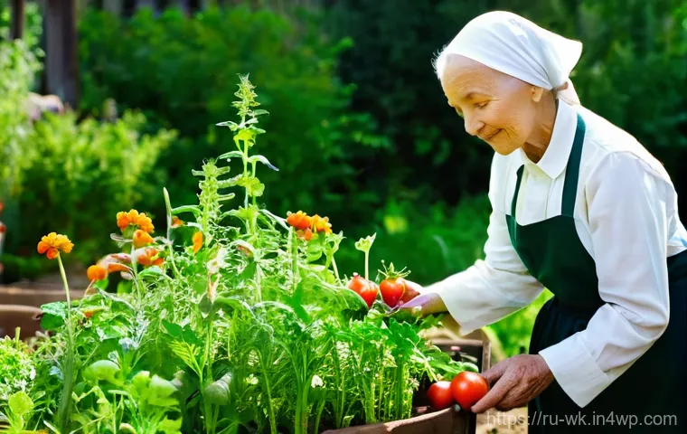 유기농 해충 방제의 생태학적 이점 - **Prompt:** A serene, elderly Russian woman with kind eyes, wearing a traditional headscarf and a si...