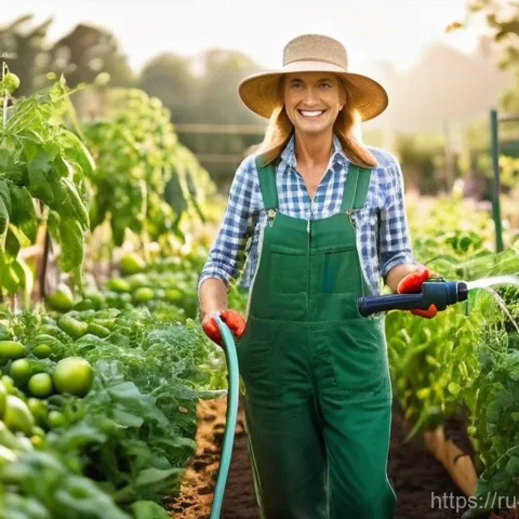 해충 방제를 위한 유기농 기술 동향 - **Prompt:** A sun-drenched, vibrant organic vegetable garden. A friendly-looking, middle-aged female...