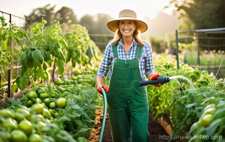 해충 방제를 위한 유기농 기술 동향 - **Prompt:** A sun-drenched, vibrant organic vegetable garden. A friendly-looking, middle-aged female...