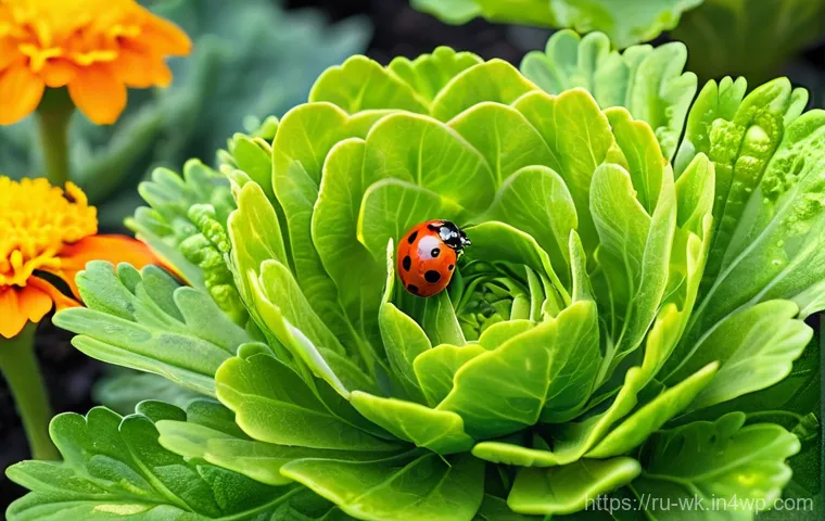 해충 방제를 위한 유기농 기술 동향 - **Prompt:** A sun-drenched, vibrant organic vegetable garden. A friendly-looking, middle-aged female...