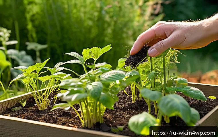 유기농 해충 방제를 위한 맞춤형 솔루션 - A detailed garden scene showcasing an organic pest control approach in a Russian vegetable garden du...
