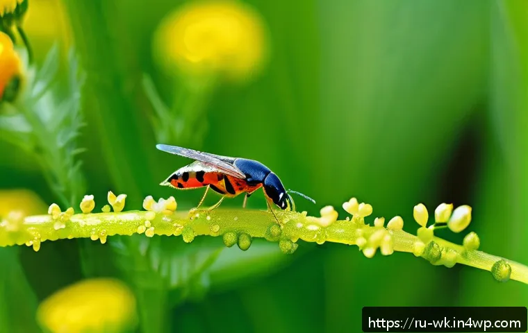유기농 해충 방제의 생물학적 기초 - A vibrant garden scene showcasing a variety of predatory insects like ladybugs, green lacewings, and...