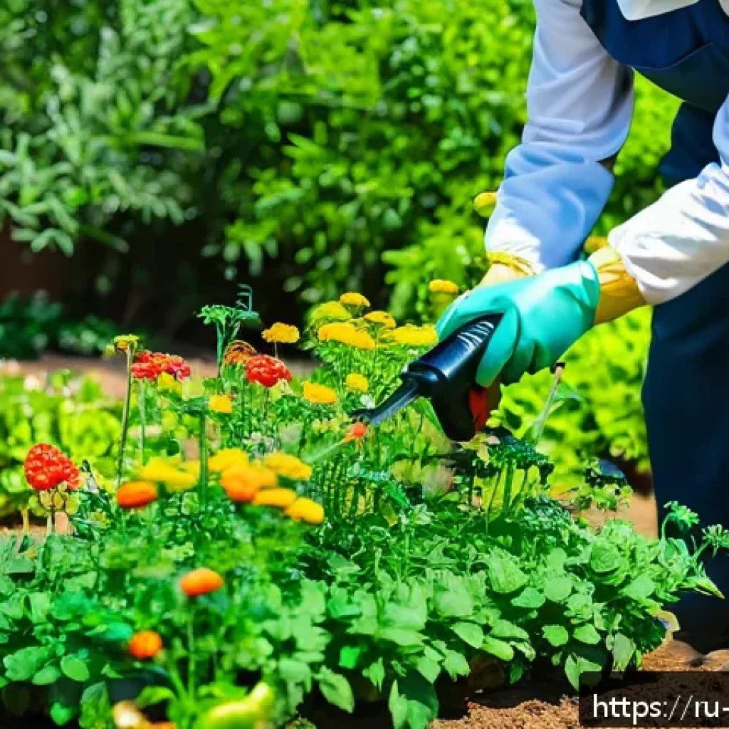 유기농 해충 방제의 위험 요소 및 주의 사항 - A detailed garden scene showing a gardener carefully applying organic pest control sprays on vibrant...