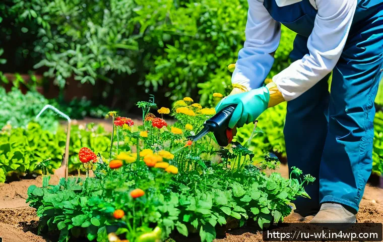 유기농 해충 방제의 위험 요소 및 주의 사항 - A detailed garden scene showing a gardener carefully applying organic pest control sprays on vibrant...