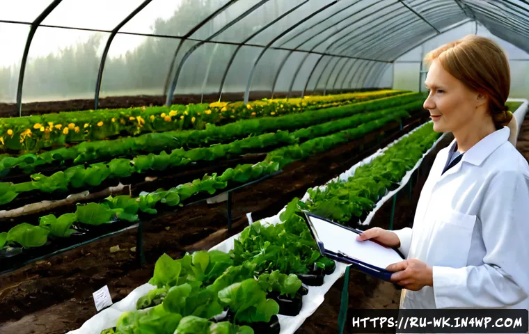 Home 17 유기농 해충 관리의 법적 규제 알아보기 - Photorealistic Russian organic greenhouse inspection, a middle-aged farm owner in practical work clo...