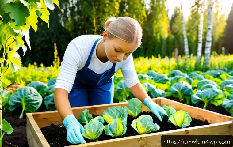 Home 17 해충 관리의 유기농 연구 결과 활용법 - Photorealistic Russian home gardener in a modest summer dacha vegetable plot, carefully inspecting c...